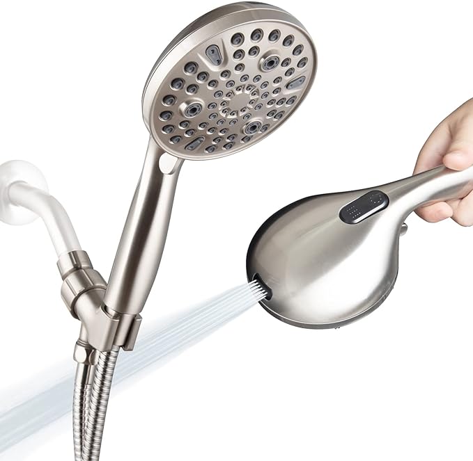 High Pressure Handheld Shower Head, 10-Setting Showerhead, 4.7”Detachable Showerhead Set with 5ft Hose, Adjustable Bracket and Built-in Power Wash to Clean Tub, Tile & Pets - Brush Nickel