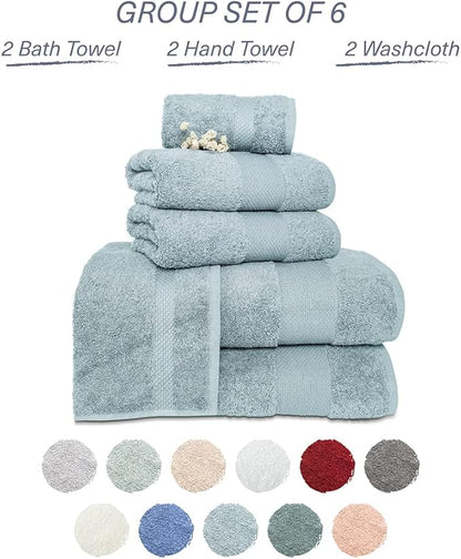 Hencely 6-Piece Bath Towel Set - High Absorbency, Quick Drying - 100% Soft Turkish Cotton - 2 Bath Towels, 2 Hand Towels, 2 Washcloths - for Bathroom, Home, Hotel, Spa, and Gym - 6-Pack Water Green