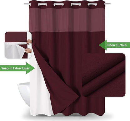 Extra Long No Hooks Needed Linen Textured Shower Curtain with Snap-in Fabric Liner Set,White Hotel Luxury Decor Shower Curtains for Bathroom,Waterproof & Washable,71Wx86H,Burgundy