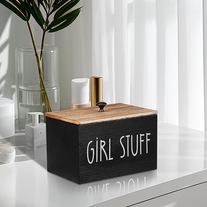 Wooden Tampon Storage Box for Bathroom, 3 Compartment Sanitary Napkin Organizer with Lid, Farmhouse Cotton Ball Holder, Feminine Product Container for Back of Toilet