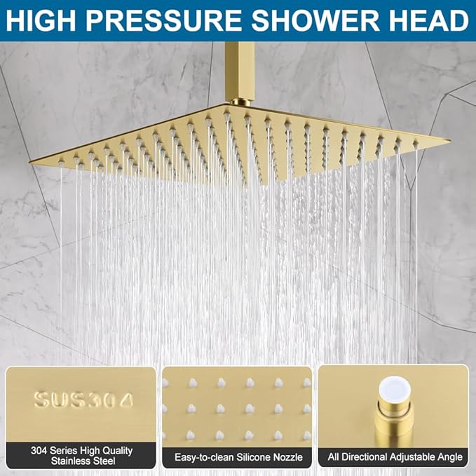 POP SANITARYWARE Ceiling Mount Shower Faucet Set Brushed Gold Bathroom Rainfall 10 Inch Shower Head System Single Handle Shower Trim Kit with Valve