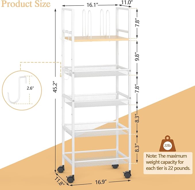 5-Tier Bathroom Storage Shelf, Mobile Metal Free Standing Shelving Unit with Wheels, Towel Rack Organizer with M-Shaped Detachable Dividers & 4 S-Hooks, Rolling Cart for Bathroom Laundry Kitchen,White