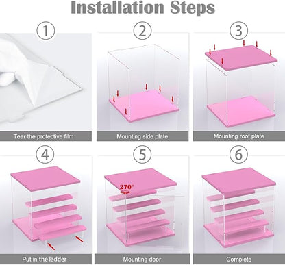 Choowin 5 Tier Clear Acrylic Lighted Display Case for Collectibles, Mini Figures, Pop Mart, Labubu, Sonny Angel, Smiski - Assemble Dustproof Display Box with Door, Stand (Pink Top Base, Clear Step)