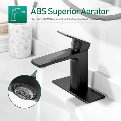 VOTON Matte Black Bathroom Faucet 1 Hole, Single Handle Bathroom Sink Faucets for 1 or 3 Hole with Supply Deck Plate and Hose, Basin, Rv, Lavatory Sink