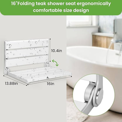 Wall Mounted Shower Seat – 16IN Teak Fold Down Shower Seat for Elderly, Disabled & Pregnant Women – Sturdy Shower Benches for Inside Shower with 400LB Capacity – 2025 Premium White Shower Bench