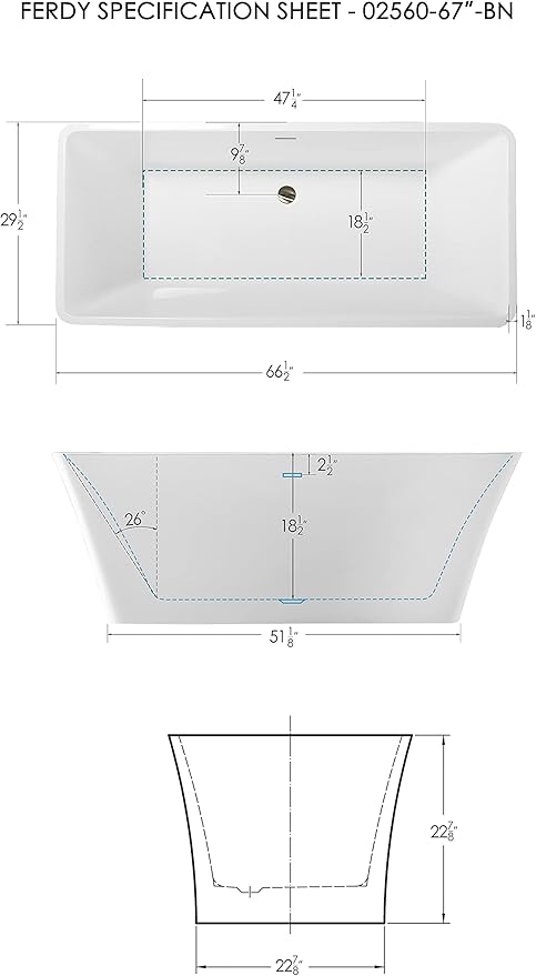FerdY Sentosa 67" Acrylic Freestanding Bathtub, Contemporary Design Soaking Tub Easy to Install with Brushed Nickel Drain and Minimalist Linear Design Overflow, 02560