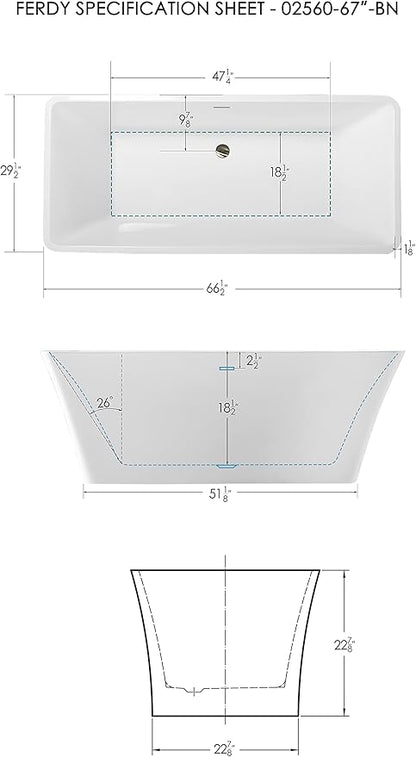 FerdY Sentosa 67" Acrylic Freestanding Bathtub, Contemporary Design Soaking Tub Easy to Install with Brushed Nickel Drain and Minimalist Linear Design Overflow, 02560