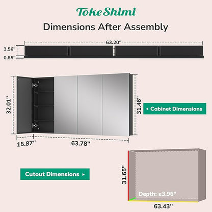 TokeShimi 64x32 Bathroom Medicine Cabinet with Mirror Tempered, Aluminum Black Mirrored Medicine Cabinet Recessed or Surface Mount with Adjustable Storage Metal for Modern Farmhouse