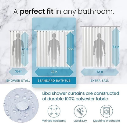 LiBa Fabric Bathroom Shower Curtain, 72" W x 72" H White Heavy Duty Waterproof Shower Curtain Liner