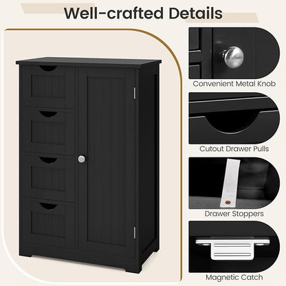 Tangkula Bathroom Floor Cabinet, Freestanding Storage Cabinet with 4 Drawers & Single Door, Adjustable Shelf, Multipurpose Bathroom Storage for Home Office, 21.5 x 12 x 32.5 Inches (Black)