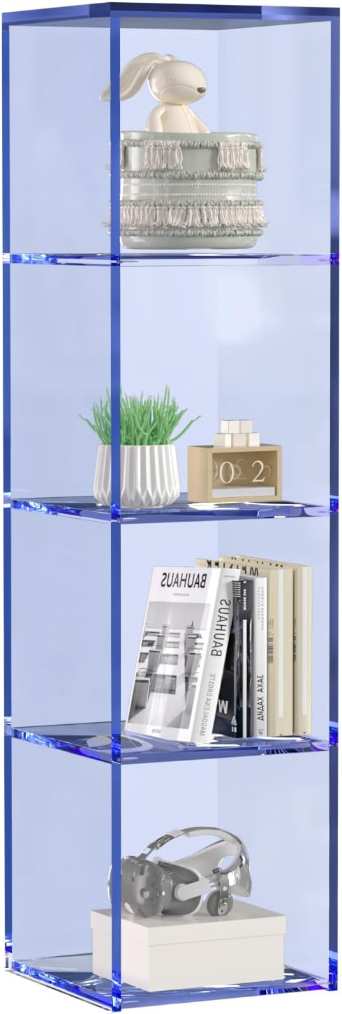 42.5" Acrylic Bookcase, 4-Tier Floor Standing Clear Acrylic Bookshelf, Sturdy Open Display Storage, Clear Bookshelf, Modern High Transparency Organizer for Bedroom, Bathroom, Home Office, Blue