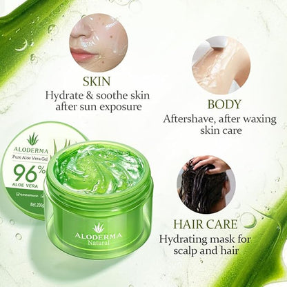 Aloderma Organic Aloe Vera Gel for Body Made within 12 Hours of Harvest, 96% Pure Aloe Vera Gel for Skin, Scalp, & Hair, Soothing Aloe Face Moisturizer, Multipurpose, Hydrating Aloe Gel, 7oz, 6 Pack