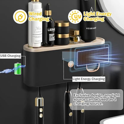 Toothbrush Holders for Bathrooms, Toothbrush Holder Wall Mounted with Toothpaste Dispenser Bathroom Solar Charging and No Drilling Required Tooth Brush Holder with 5 Brush Slots
