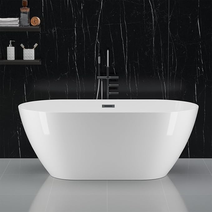 59 in Acrylic Freestanding Bathtub, Contemporary Stand Alone Tub,Glossy White Soaking Tub, Oval Bathtub with Chrome Overflow and Drain, CUPC Certified