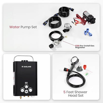 GASLAND 6L 1.58GPM Portable Propane Tankless Water Heater with 1.6 GPM Water Pump and 1/2" Twist-On Pipe Strainer