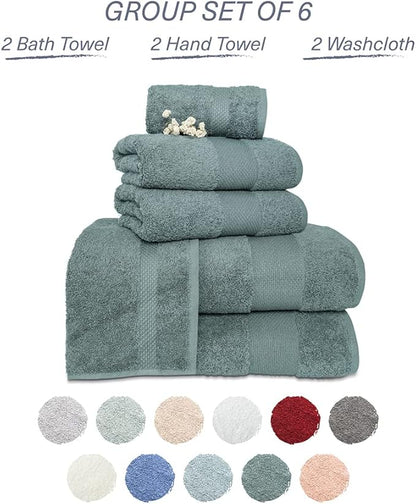 Hencely 6-Piece Bath Towel Set - High Absorbency, Quick Drying - 100% Soft Turkish Cotton - 2 Bath Towels, 2 Hand Towels, 2 Washcloths - for Bathroom, Home, Hotel, Spa, and Gym - 6-Pack Dark Green