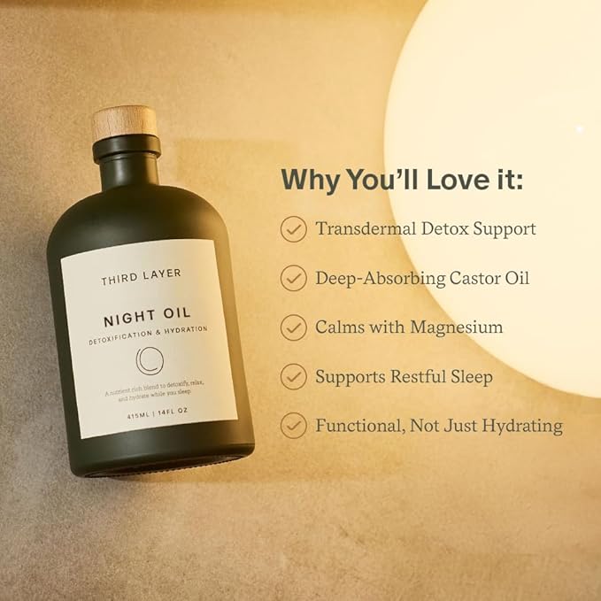 Night Oil – 100% Organic Cold-Pressed, Hexane-Free, Extra Virgin Castor Oil with Magnesium & Frankincense, Body Serum for Skin Hydration & Evening Self-Care (14 fl oz)