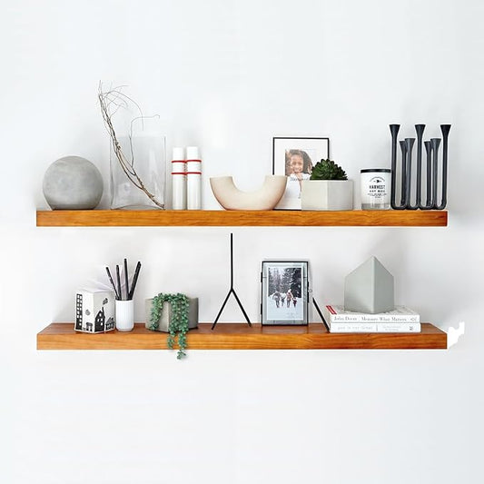 Homeforia Oak Floating Shelves 42 inch Long, High End Solid Real Wood 42inch Floating Shelves for Wall Mounted, Honey Oak Wooden 42in Floating Shelf, Heavy Duty Bracket, 42 X 6.5 X 1.75 in, Set of 3