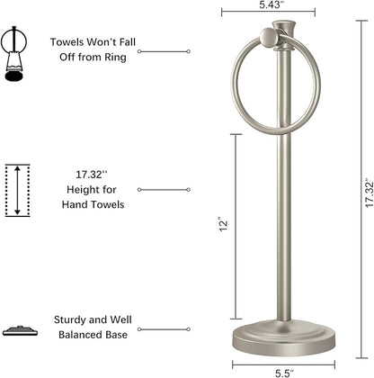 Hoimpro 17 Inch Stand Hand Towel Holder Towel Bar Towel Hanging Ring, Free Standing Floor Hand Towel Rack Storage for Bathroom Kitchen Vanity Countertops, Hardware Accessories(Brushed Nickel)