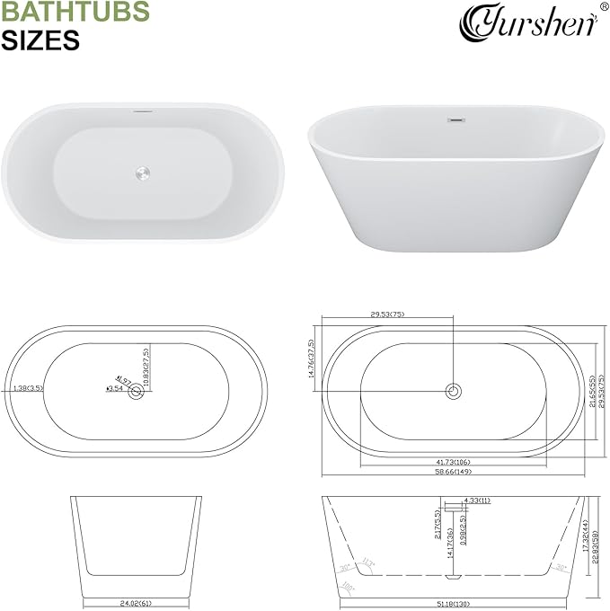 59 Inch Freestanding Acrylic Bathtub White Roll Top Soaking Tub with Chrome Drain Glossy Finish for Modern Bathrooms, YSB9218