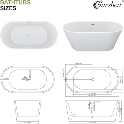 59 Inch Freestanding Acrylic Bathtub White Roll Top Soaking Tub with Chrome Drain Glossy Finish for Modern Bathrooms, YSB9218