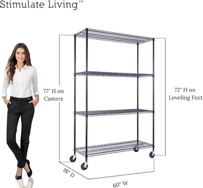 60"x18"x72" Prime Heavy Duty Black 4-Tier Wire Shelving NSF 3200 LBS MAX Capacity Storage Rack for Commercial, Hospital, School, Garage, and Kitchen Uses (with Wheels)