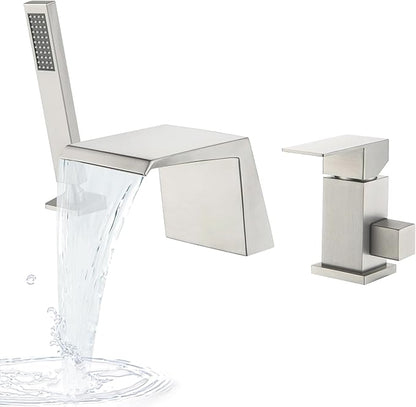 LIWEIKE Roman Tub Faucet with Sprayer Deck Mount Bathtub Faucet with Hand Shower for 3 Hole Waterfall Faucet with Hand Shower Brushed Nickel