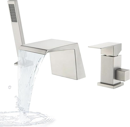 LIWEIKE Roman Tub Faucet with Sprayer Deck Mount Bathtub Faucet with Hand Shower for 3 Hole Waterfall Faucet with Hand Shower Brushed Nickel