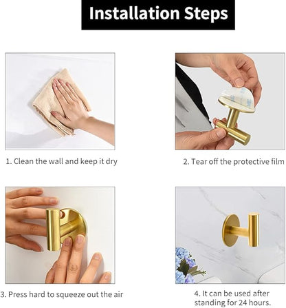 Vuzvuv Adhesive Brushed Gold Hooks, SUS304 Stainless Steel Self-Adhesive Towel Coat Robe Heavy Duty Waterproof Hook for Bathrooms Kitchen Hotel (2-Pack)