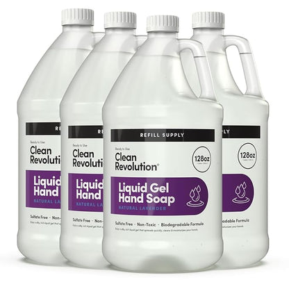 Clean Revolution Liquid Gel Hand Soap, Silky Rich Liquid, Quick Lather, Fast Rinsing, (Natural Lavender) 128 Fl Oz, 4 Pack - Made in USA
