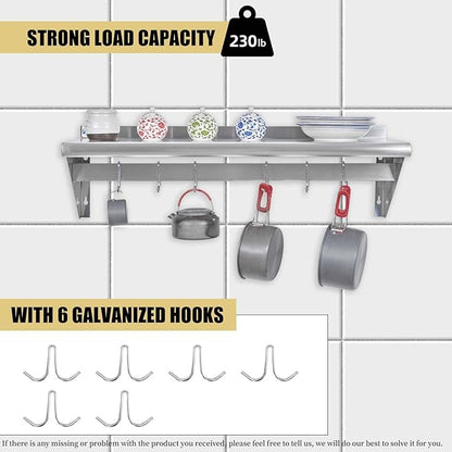 Hally Stainless Steel Shelf with 6 Hooks 12" x 36" Wall Mounted Pot Rack, NSF Commercial Floating Shelving for Storage Hanging Pots, Pans, cookware in Restaurant, Kitchen, Home and Hotel