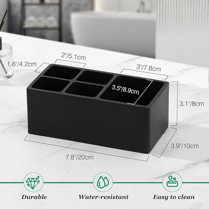 Luxspire Toothbrush Holder, 5 Slots Toothbrush Razor Holder Toothpaste Stand, Resin Decorative Dental Storage for Bathroom Accessories Set Vanity Counter Sink Organizer Storage Organizer Caddy - Black