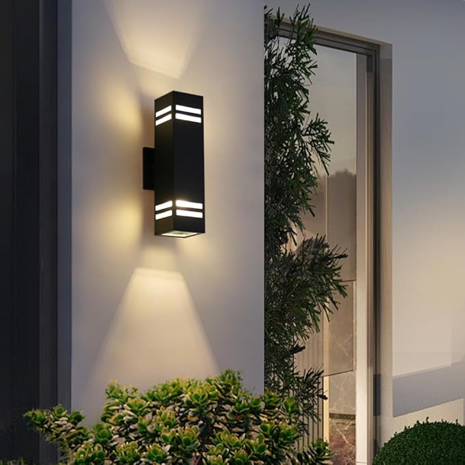 Cerdeco Aluminum Modern Outdoor Wall Light,15" Exterior Up Down Wall Sconce Light Fixture Sand Textured Black with 3-Sided Frosted Glasses [UL Listed]