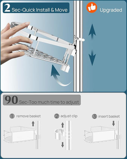 SEIRIONE Rustproof Shower Corner Caddy Organizer for Bathroom, 4 Adjustable Shelves with Tension Pole, for Bathtub Shampoo Accessories Storage Holder, 34 to 116 Inch Height