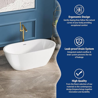 Sarlai 59 Inch Acrylic Freestanding Soaking Bathtub Contemporary Soaking White Tub Stand Alone Ergonomic Bathtub with Chrome Drain and Overflow