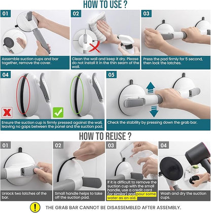TAILI Grab Bars for Bathtubs and Showers, Shower Handles for Elderly Suction,Maximum 330lbs,Shower Grab Bar with Upgraded Rubber Suction Cups,Safety Grip for Senior, No Drilling Removable,Grey