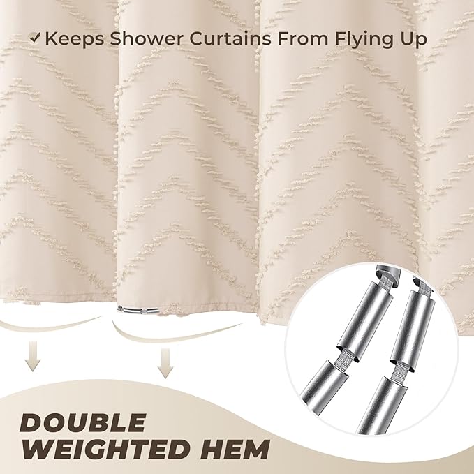 Cream Shower Curtain Boho Farmhouse Shower Curtain 72”W x 72”L Tufted Chevron Textured Minimalist Shower Curtains for Bathroom