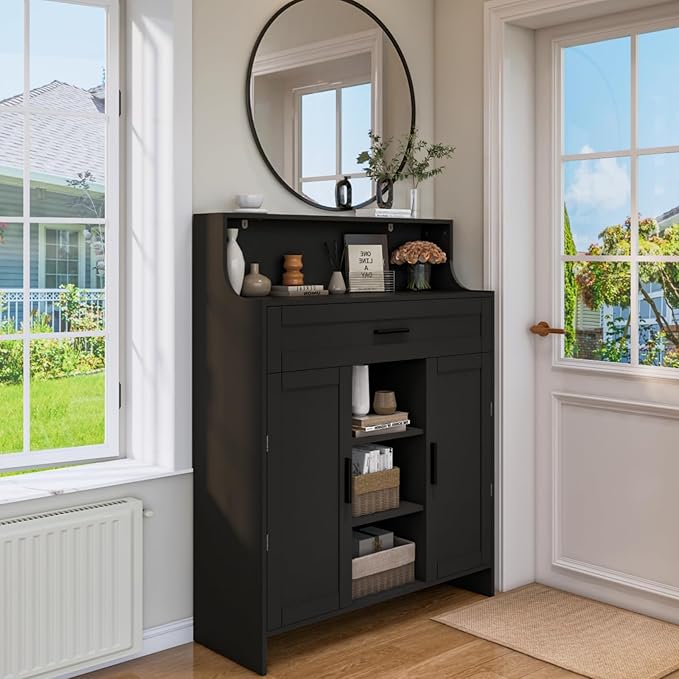 Storage Cabinet with Doors and Drawers, Kitchen Storage Cabinet with 1 Large Drawer,2 Doors,and 2 Adjustable Shelves,for Bathroom/Kitchen/Living Room/Entrance Hall (Black)