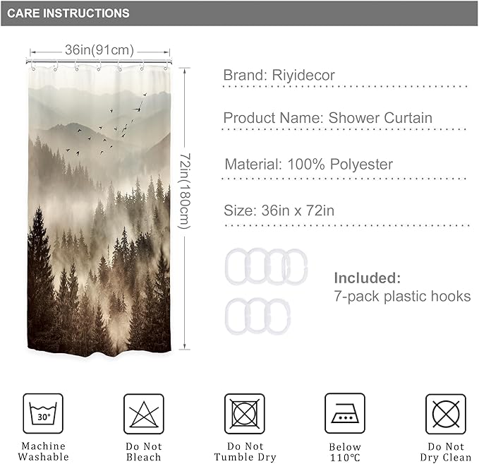 Riyidecor Foggy Mountain Small Stall Shower Curtain 36Wx72H Inch Nature Scenery Tree Rustic Woodland Alpine Landscape Natural Abstract Modern Bathroom Decor Fabric Polyester Waterproof 7 Pack Hooks