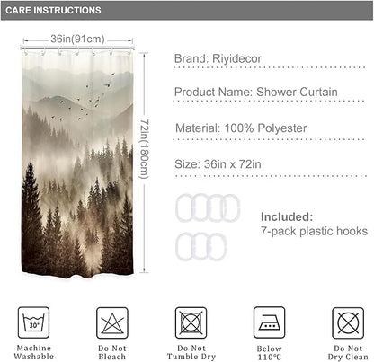 Riyidecor Foggy Mountain Small Stall Shower Curtain 36Wx72H Inch Nature Scenery Tree Rustic Woodland Alpine Landscape Natural Abstract Modern Bathroom Decor Fabric Polyester Waterproof 7 Pack Hooks