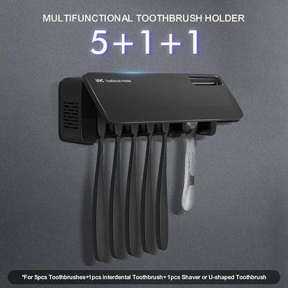 UV Toothbrush Sanitizer Holder for Bathrooms, 5+1+1 Slots Toothbrush Sanitizer and Holder, Rechargeable Cordless Wall Mounted Tooth Brush Holder with Heating Functions, No Drilling (Black)