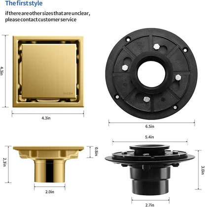 Hidden Brushed Square Shower Floor Drain, Gold 4 inch, 304 Stainless Steel, with Flange, Detachable Cover Embedded in Ceramic Tiles