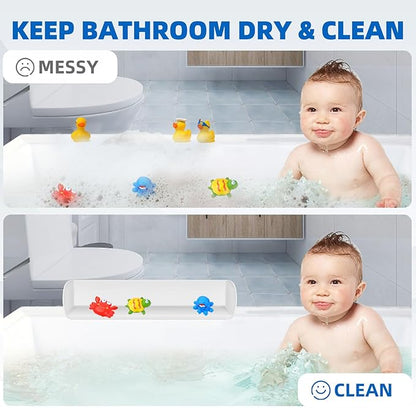 Splash Guard for Bathtub, 3.8" x 3.6" Silicone Bath Tub Splash Guard with 6 Suction Cups, Bathtub SplashGuard Play Shelf Area for Kids with 3°Drainage Slope for Faster Drying - White