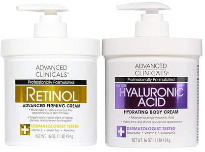 Advanced Clinicals Retinol Body Cream + Hyaluronic Acid Moisturizer 2pc Skincare Set | Face Cream & Body Lotion For Women & Men Helps Improve Appearance Of Crepey Skin, Dry Skin, & Wrinkles, 2pc