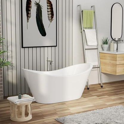 59 Inch Acrylic Freestanding Soaking Bathtub - Mocoloo Contemporary Soaking White Tub Stand Alone Bathtub with Overflow and Drain