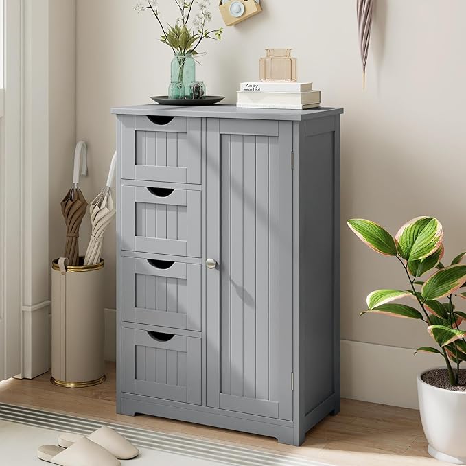 Tangkula Bathroom Floor Cabinet, Freestanding Storage Cabinet with 4 Drawers & Single Door, Adjustable Shelf, Multipurpose Bathroom Storage for Home Office, 21.5 x 12 x 32.5 Inches (Grey)