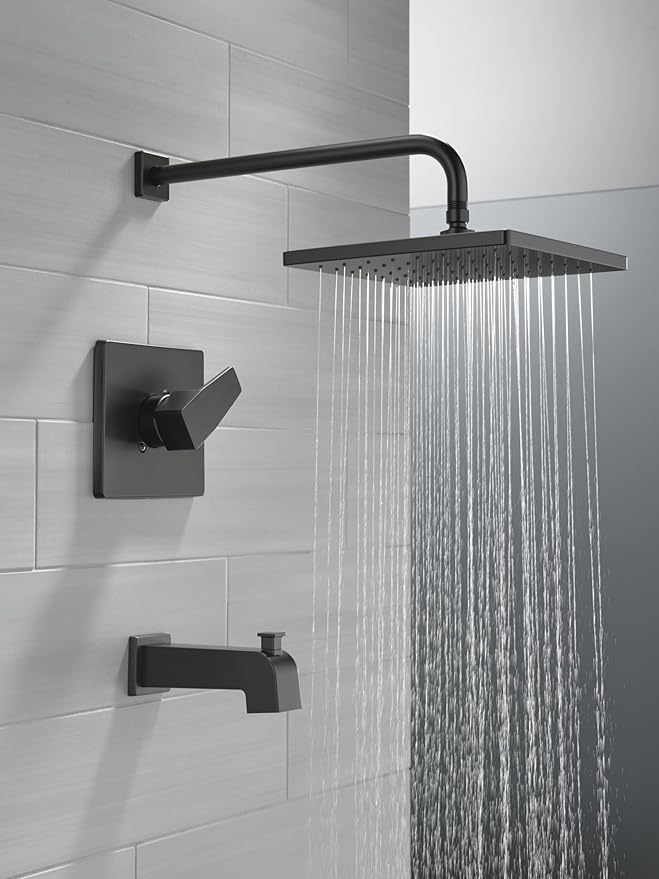 Delta Faucet Modern Raincan Square Single-Function Tub and Shower Trim Kit Black, Tub Faucet Set, Rainfall Shower Head Black, Delta Shower Trim Kit, Matte Black T14468-BL-PP (Valve Not Included)