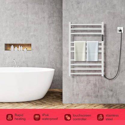 Towel Warmer,10-Bar 304 Compact Stainless Steel Towel Warmer Rack for Bathroom with Intelligent Touch-Screen Timer