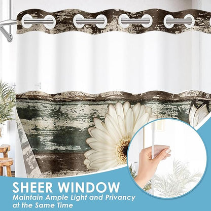 No Hook Vintage Flower Shower Curtain with Snap in Fabric Liner Set, Daisy Wooden Boards Double Layers Waterproof Fabric with See Through Top Window Open Grommet Bath Curtain 71x86 Inch