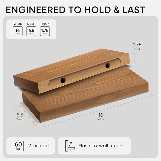 Homeforia 16 inch Golden Oak Floating Shelf, High End Solid Real Wood 16inch Small Floating Shelves for Wall Mounted, Oak Wooden 16in Floating Shelves, Heavy Duty Bracket, 16 X 6.5 X 1.75 in, Set of 3